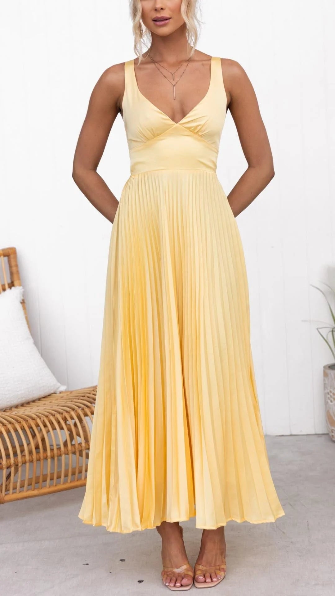 Léa™ - Robe Maxi Décolleté en V Plissée Jaune