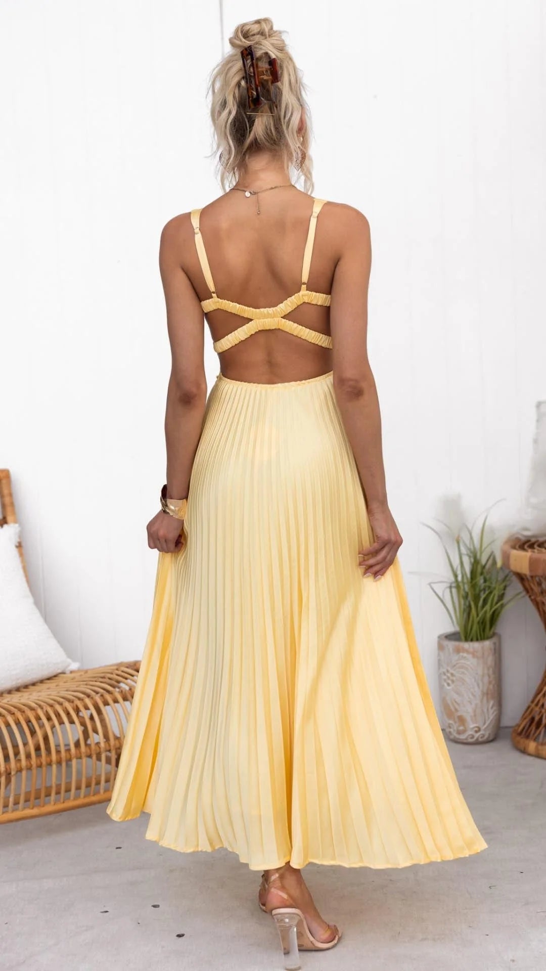 Léa™ - Robe Maxi Décolleté en V Plissée Jaune