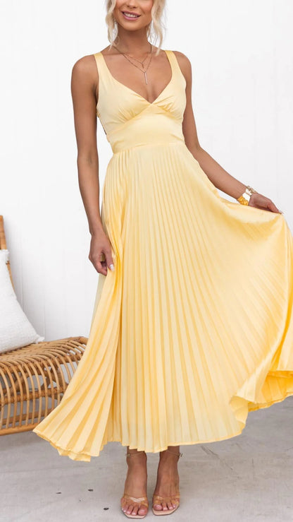Léa™ - Robe Maxi Décolleté en V Plissée Jaune