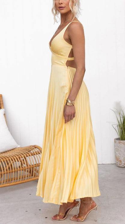 Léa™ - Robe Maxi Décolleté en V Plissée Jaune