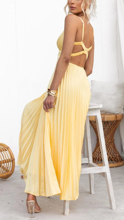 Léa™ - Robe Maxi Décolleté en V Plissée Jaune